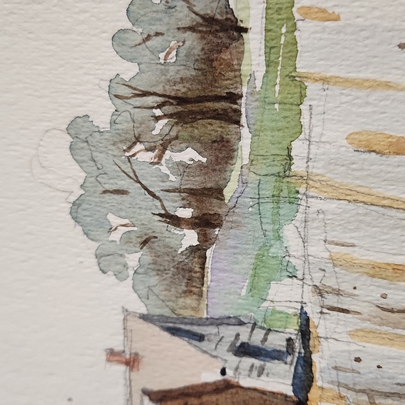 Jeanne Down Watercolor "Unfinished" 7.5" x 11" Pencil Marks Fence and Houses - Picture 3 of 4